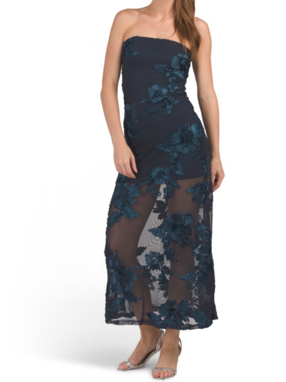 Thirty Thirty Strapless Navy Floral Embroidered Maxi Dress